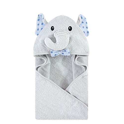Image of Hudson Baby Unisex Baby Cotton Animal Face Hooded Towel, Blue Dots Gray Elephant, One Size