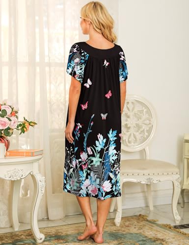 Image of Bloggerlove Mumu House Dress for Women with Pockets Short Sleeve Nightgowns | 15% Cotton, 80% Polyester, 5% Spandex, Floral Mumu House Dress, V-Neck, Short Sleeves, Midi Length, 2 Side Pockets, Lounging