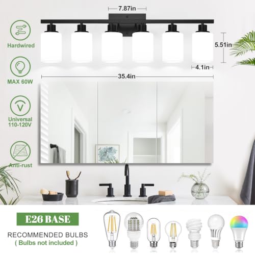 Image of MOKATNG 6-Light Bathroom Light Fixtures, Vanity Light with Milky White Shades, Matte Black Bathroom Light Fixtures Over Mirror, Modern Bathroom Wall Lamp for Mirror Living Room Cabinet Bedroom