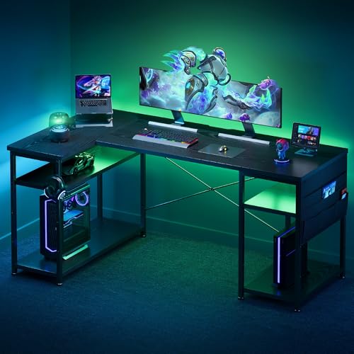 YeTom l字デスク ゲーミングデスク デスク 幅150cm pcデスク コーナーデスク 棚板高さ調節可能 収納袋付き L字型 PC 勉強机 作業 在宅勤務 リモートワーク ゲーム 書斎 収納ラック付き 黑い