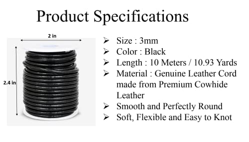 GENIQUE Real/Genuine Round Leather String Cord for Necklace Bracelets, Jewellery, Braiding (3mm, Black) - Image 3