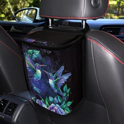 Image of Talayituse Hummingbird Floral Print Car Trash Bin, Large Size Auto Trash Can Adjustable Portable Garbage Can with Lid, Vehicle Hanging Bag for Headrest Front Back Seat