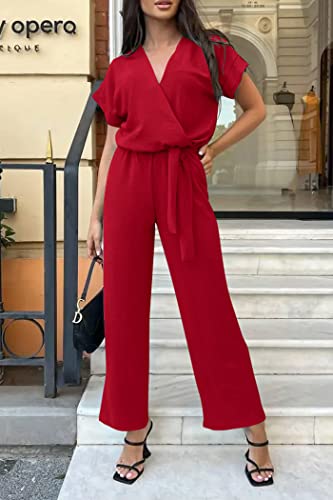 PRETTYGARDEN Women's Summer One Piece Jumpsuits Belted Short Sleeve Wrap V Neck Fashion Dressy Casual Wide Leg Pants Romper