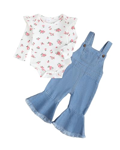 Image of SUNNY PIGGY Baby Girl Clothes Newborn Infant Outfits Ruffle Romper 2pcs Bell Pant Set Demin Overall Jumpsuit Fall Winter