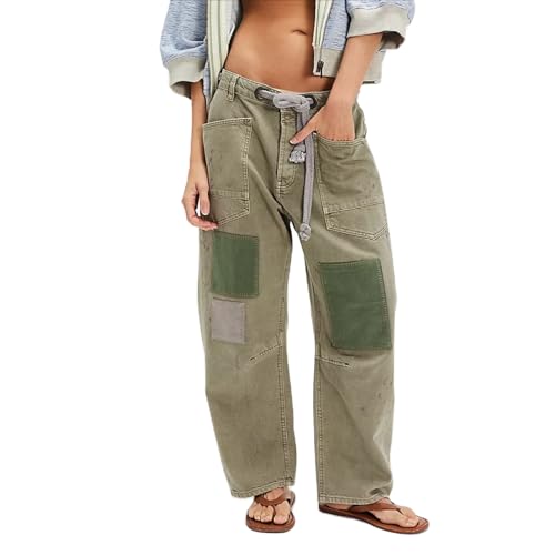 Yoawdats Y2k Baggy Barrel Jeans Women Drawstring Low Rise Wide Leg Boyfriend Patchwork Jeans Casual Cropped Denim Pants