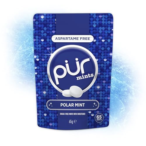 PUR Mints | Aspartame Free Breath Mints | Made with Xylitol | Sugar Free Vegan Gluten Free | Natural Polar Mint flavour | 65 Pieces in Re-Sealable pouch (Pack of 1)