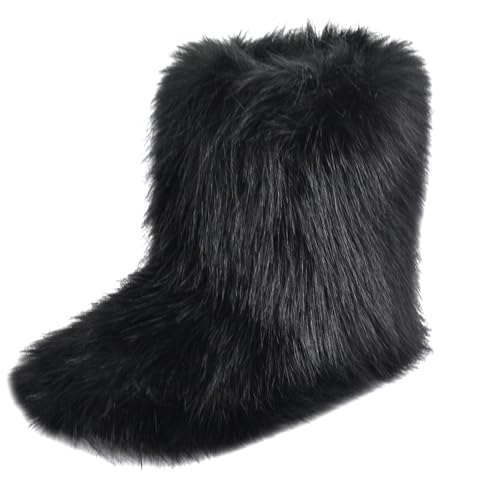 Image of Fashion Fur Boots,Flat Heel Comfy Plush Warm Snow Booties,2025 Winter Outdoors Furry Boots,Mid-Calf Faux fur Boot for Women.