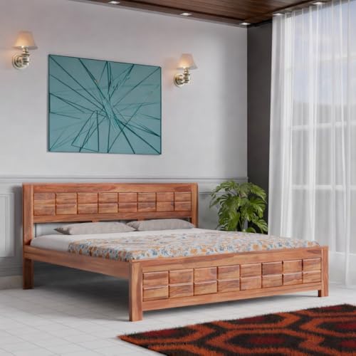 Image of Urban Block Panel Sheesham Wood King Size Bed Without Storage (81x74 Inch) | Wooden Double Bed Cot for Bedroom Furniture | Modern Palang Design | Honey Finish