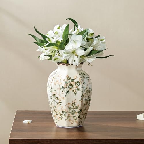 Image of Ceramic Flower Vase | Green Rustic Farmhouse Vase for Home Decor, Vintage Floral Pottery Tuscan Octagonal Vase for Living Room & Kitchen, Mantel & Bookshelf, Centerpieces, Entryway, Wedding(6.7 Inch)