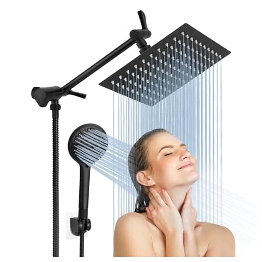 Rain Shower Head with Handheld Spray, Lanhado 8'' Matte Black Shower Head with 11'' Extension Arm, 9 Setting Handheld Shower Heads, Anti-leak High Pressure Rainfall Shower Head with Hose, Chrome
