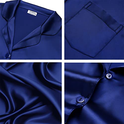 Image of SWOMOG Long Sleeve Pajamas Set Silk Satin Sleepwear Button Down Pjs Loungewear with Pocket