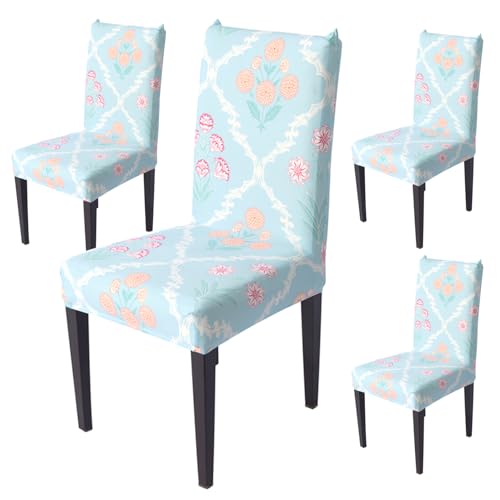 Image of House of Quirk Elastic Chair Cover Stretch Removable Washable Short Dining Chair Cover Protector Seat Slipcover (Pack of 4, Gulshan Sky)