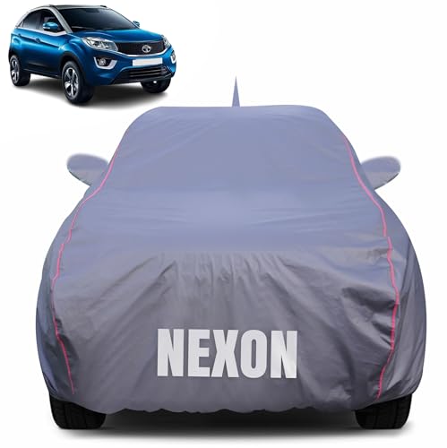 Image of 100% Waterproof Car Body Cover for Tata Nexon (2017-2022) with Mirror Pocket (Heat & UV Resistant, Triple Stitched, Soft Lining, Bottom Elastic & Piping) Grey