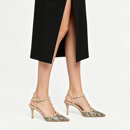 Image of XINIUNIU Studded Heels for Women Kitten Heels with Studs Stiletto Sandals with Rivet Ankle Strap Patent Leather Pointy Toe 2.5 Inch Party Daily Wear Evening Sandals