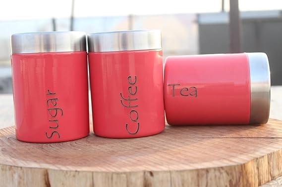 Image of Tea Sugar Containers Set of 2 - Steel Container for Storage - Tea Sugar Jar (Tea Coffee Sugar (Pink))