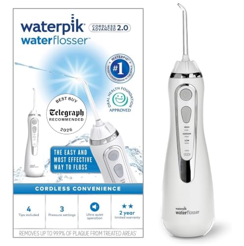 Waterpik Cordless Advanced Water Flosser 3 Pressure Settings Dental Plaque Removal Tool Ideal for Travel or Small Bathrooms USB Charger White WP-580UK