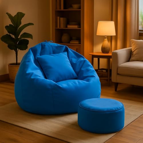 Image of IVIKA 4XL Bean Bag with Beans Filled | Gaming Chair | Premium Leatherette, Double Stitching | for Lounge & Bedroom | (4XL - Blue)