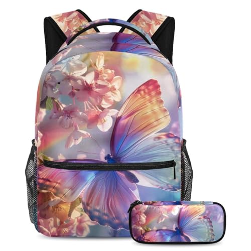 Sac à dos papillon grande capacité rose ado fille avec trousse crayons