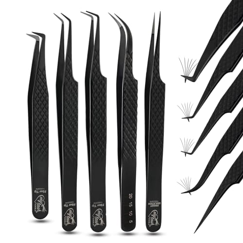 Fiber Tip Lash Tweezers Set for Eyelash Extensions – Curved Classic, Mega 90 Degree Boot, 45 Degree Angle & Isolation Tweezer, Stainless Steel Precision, Non Slip Professional Application Kit