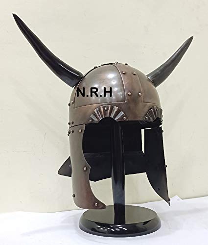 Medieval Armour Viking Helmet Horn & Display with Wooden Stand Reenactment Antique Knight Halloween Costume
