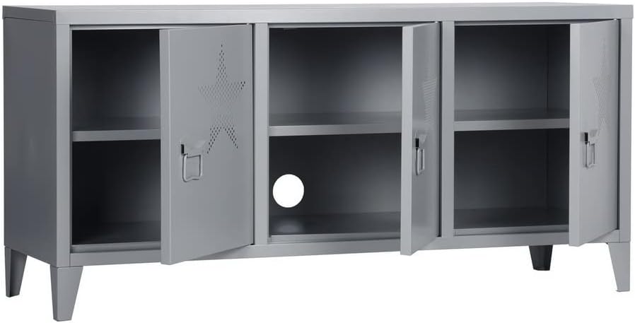 FurnitureR 3-Door 6-Shelf Storage Locker with doors open, showing internal shelves and cable management hole