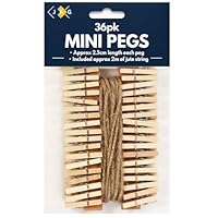 36 Mini Wooden Pegs & 2m Jute Twine String - Rustic Natural Wood Clips for Arts Crafts Scrapbooks - Hanging Christmas Photos Cards Books Peg Line Event Display - Home Wedding Baby Shower Wall Decor