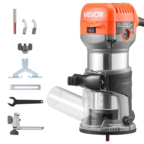 VEVOR Affleureuse 710 W Défonceuse Compacte 6 Vitesses Variables pour Travail du Bois, Finition, Bricolage, avec Démarrage Progressif, Base Fixe, Capot d'Aspiration Poussière, Guide Parallèle, Filaire