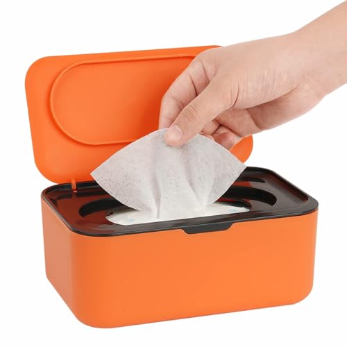 Wipes Dispenser Wet Wipes Box Wipe Holder for Baby & Adult Refillable Wipe Container with Lid Keeps Wipes Fresh Non-Slip Easy Open Close Wipes Pouch Case One-Handed Operation (Orange Black)