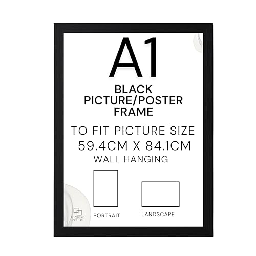 EMPORIUM RETAIL FRAMES Black A1 Picture Frame - A1 Black Photo Frame Wood Styrene Acrylic Glass MDF Back & Hooks - Portrait or Landscape - Ideal for Gallery Wall Decorations - 59.4 x 84.1 cm