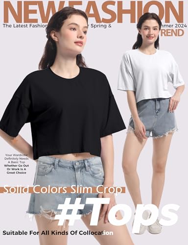 2PC Women's Basic Crop Top Drop Shoulder T Shirt Half Sleeve Cropped Tee Crewneck Short Sleeve Casual Summer Top4