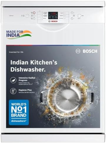 Bosch 13 Place Setting (fits up to 70 utensils) Free-Standing Dishwasher for Indian Utensils | Hygiene+ & Intensive Kadhai Program (SMS66GW01I, White, Inbuilt Heater, Removes 99.9% Germs)