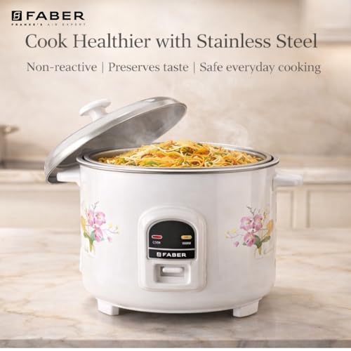 Image of Faber 1.8L Rice Cooker|700watts|2 Stainless Steel Pot|Cool&Warm Mode|Floral White Finish| 2yrs Warranty on Product & 5yrs on Heating Element|Cool Touch Handle|LED Indicators|FRC Sydney 1.8 SS2