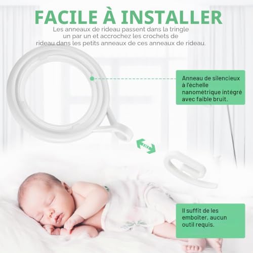 WCIC Lot de 48 anneaux de rideaux et crochets – Anneaux de suspension en plastique blanc de 30 mm avec crochets pour rideaux – vue 9