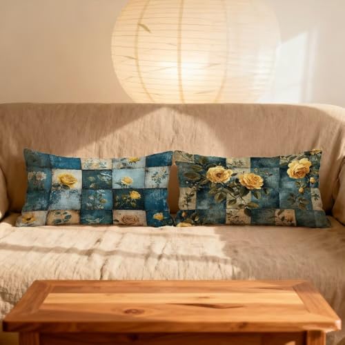 Taie oreiller 40x80cm velours bleu housse coussin rectangulaire jaune - 3