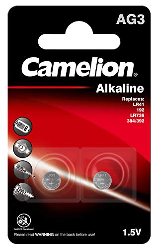Camelion 12050203 - Alkaline Knopfzellen-Batterie ohne Quecksilber AG3/LR41/LR736/392 mit 1,5 Volt, 2er Set, Kapazität 41 mAh