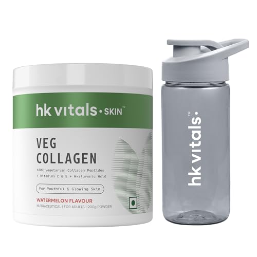 Image of hk vitals Veg Collagen Supplement (Watermelon, 200g) | With Biotin, Vitamin C, E, Sodium Hyaluronate | For Healthy Skin, Hair & Nails with Sipper