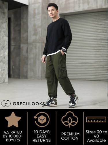 Image of GRECIILOOKS Men's Cargo Pants | 6 Pocket Cotton Cargo Joggers for Men | Loose Fit Stylish Pant with Pockets | Casual Baggy Trousers & Streetwear Lower