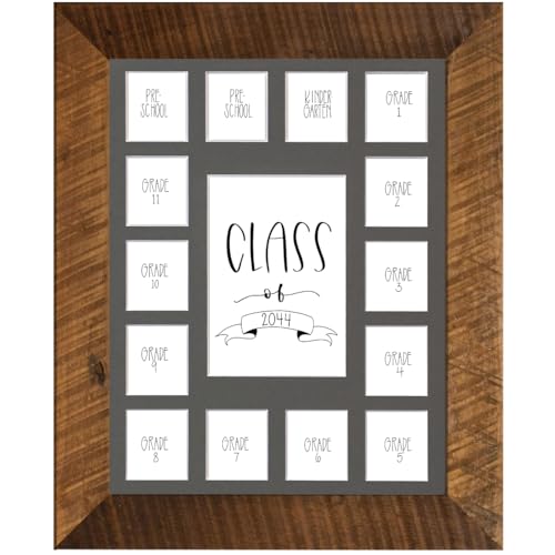 Image of Rustic Red Door Co. School Years Reclaimed Wood Picture Frame with Mat - 11x14 Wooden Framed 15 Photo Collage Mat Pre-School & Kindergarten to 12th Grade High School Graduation (Class of 2044, Gray)