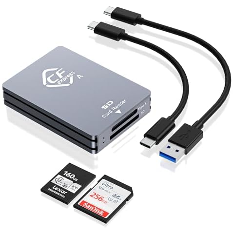 CFexpress Type A/SD Dual Slot Card Reader USB C, 10Gpbs USB3.2 Gen 2, Compatible with CFexpress Type A Card/SD Memory Card, Aluminum CFexpress Memory Card Adapter with USB C to USB C/USB A Cable Cover
