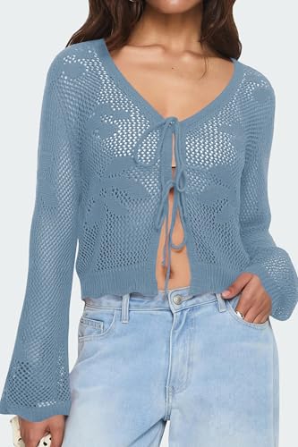 Image of Balimtoy Women Tie Front Cardigan Crochet Sweater Crop Tops Cute Bell Long Sleeve Knit Shrug Beach Vacation Cover Up