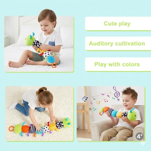 KINDLUME Raupe Plüschtier Spielzeug, Baby Spielzeug 0 3 6 Monate, Sensorik Raupe Mit Greifling, Rassel, Spiegel Und Knisterpapier, Montessori Spielzeug für Bauchzeit, für Neugeborene Jungen Mädchen