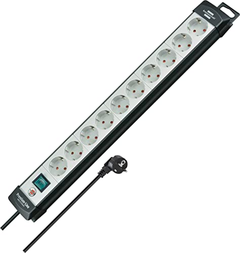 Brennenstuhl Premium-Line Steckdosenleiste 10-Fach (Mehrfachsteckdose mit Schalter und 3m Kabel - 45 Winkel der Schutzkontakt-Steckdosen Steckdosenleiste Wandmontage Made in Germany) schwarz/grau
