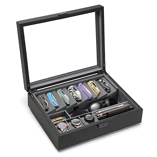 Kaviso Cache Display Valet - EDC, Blade, Watch, and Jewelry Locking Storage Case, USB Pass-through, Microfiber Lining, Faux Leather, Stackable (Valet) Black