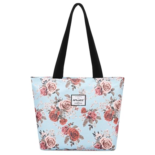 HAWEE Tote Bag with Zipper for Women Inside Mesh Pocket Heavy Duty Casual Anti-water Cloth Travel Shoulder Handbag, Rose with with Silver Silk