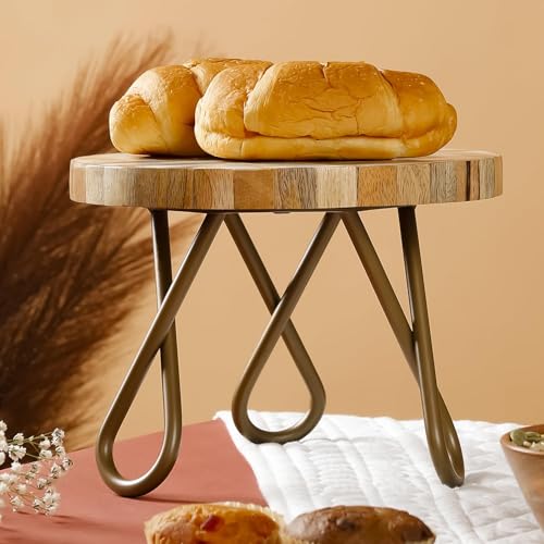 Image of CASADECOR Geometrical Abstract Wood & Metal Pizza Cake Stand Pack of 1 (Diameter-8 Inch) (Wooden Vintage)