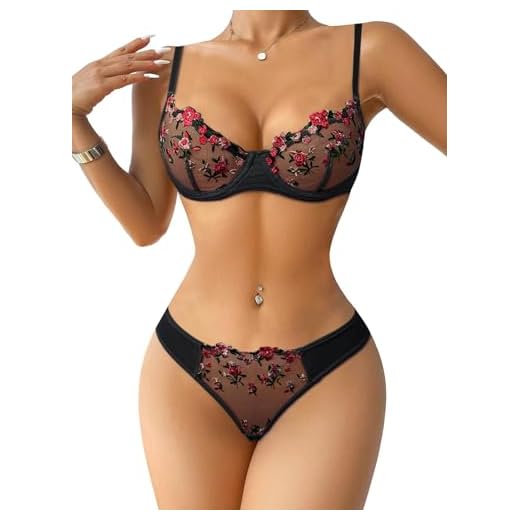 ROSVAJFY Ensemble de Lingerie Sexy pour Femme en Dentelle Broderie Florale, Soutien Gorge à Armatures et Culotte 2 Pièces, Coquine sous Vetements Feminins Hot Push Up Nuisettes (Noir, L)