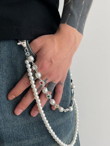 Image of Layered Pants Wallet Chain for Men Women Trendy Vintage Flower Pearl Rhinestone Wallet Chain Dainty Fashion Street Jeans Punk Keychain Jewelry Clothing Accessories