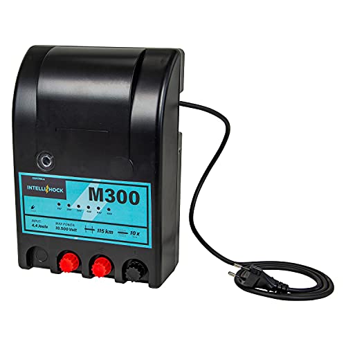Intellishock M300 Électrificateur de clôture électrique 230V puissante 4,4 J, idéale pour les filets à moutons de 10x 50m, affichage de la tension à 6 niveaux, pour une longueur de clôture de 20km