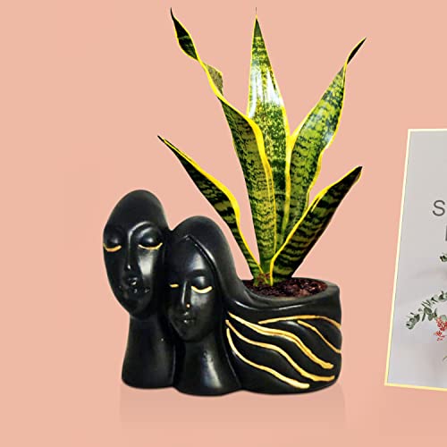 Image of Lasaki Couple Black Gold Ceramic Flower Pot for Indoor & Outdoor Plants | Decorative Balcony, Garden, Home & Office Succulent Pot | Designer Gamla Plant Holder (16cm X 10cm X 14.5cm)