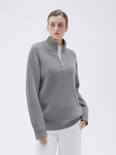 Image of SUUKSESS Women Cashmere Blend Oversized Quarter Zip Pullover Sweater Long Sleeve Collared Ribbed Knit Jumper Tops